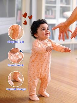 Kidbea - Cute Bunny Printed Full Sleeve Zipper Footed Bodysuit - Pink