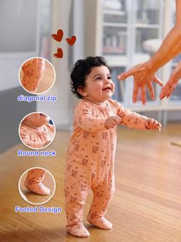 Kidbea - Cute Tiger Printed Full Sleeve Zipper Footed Bodysuit - Pink