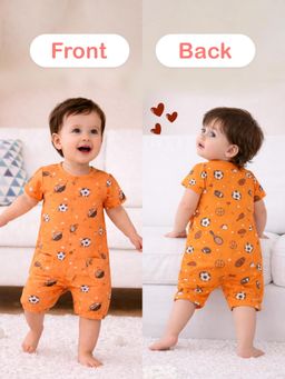 Kidbea - Printed Half Sleeve Front Open Romper with Pockets - Peach