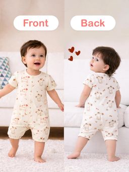 Kidbea - Printed Half Sleeve Front Open Romper with Pockets - White
