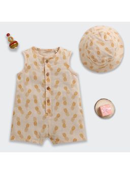 Nino Bambino - Organic Cotton Romper with Cap For Baby Girls - Beige
