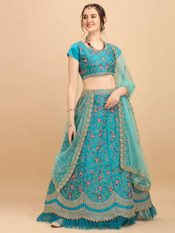 Amrutam Fab - Womens Aqua Blue Coloured Hand Embroidered Malay Satin Bridal Lehenga Choli (Set of 3)
