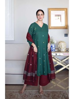 HOUSE OF MOXA - Forest Green Jamdani Phiran Kurta with Slip and Palazzo (Set of 3)