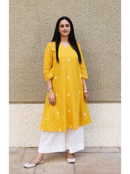 HOUSE OF MOXA - Mustard Polka Dot Phiran Kurta with Slip and Palazzo (Set of 3)