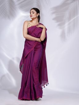 CHARUKRITI - Purple Pure Cotton Handwoven Ruffle Saree with Unstitched Blouse