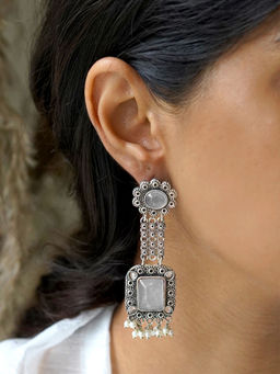 Teejh - Rakul Silver Oxidised Grey Stone Earrings for Women