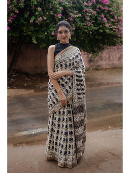 Moora - Memory Muse Hand Block Print Chanderi Silk Bagru Saree with Unstitched Blouse