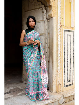 Moora - Daisies Through My Window Hand Block Print Chanderi Silk Saree with Unstitched Blouse