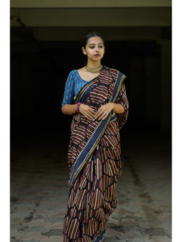 Moora - Brick By Brick Hand Block Print Chanderi Silk Saree with Unstitched Blouse