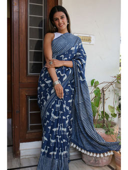 Moora - Navy Blue Flamingos Dabu Hand Block Print Mulmul Cotton Bagru Saree with Unstitched Blouse