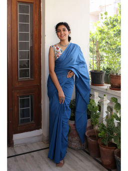 Moora - Blue Sapphire Blue Mulmul Cotton Saree With Tassels with Unstitched Blouse