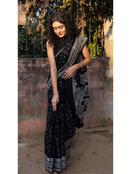 Moora - Lotus Black Hand Block Print Mulmul Cotton Bagru Saree with Unstitched Blouse