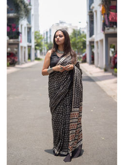 Moora - Timeless Tapestry Hand Block Print Mulmul Cotton Bagru Saree with Unstitched Blouse