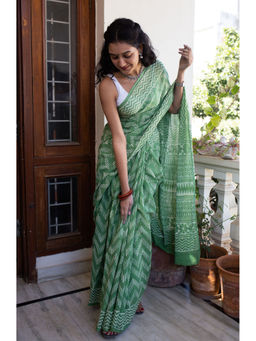 Moora - Strangers In Bangalore Light Green Dabu Block Print Mulmul Cotton Saree with Unstitched Blouse