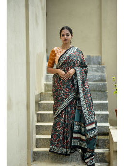 Moora - Lush Green Hand Block Print Mulmul Cotton Bagru Saree with Unstitched Blouse