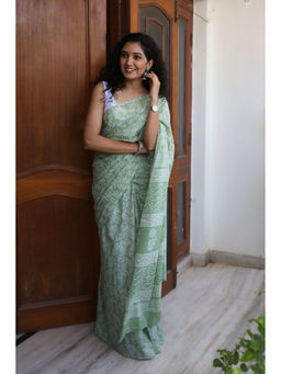 Moora - Pastel Green Hand Block Print Mulmul Cotton Bagru Saree with Unstitched Blouse
