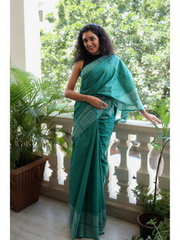 Moora - Lady In Green Hand Block Print Mulmul Cotton Bagru Saree with Unstitched Blouse