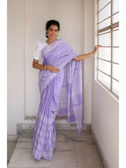 Moora - Lavender Dreams Hand Block Print Mulmul Cotton Bagru Saree with Unstitched Blouse