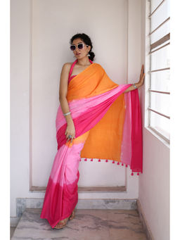 Moora - Candy Crush Ombre Hand Dyed Mulmul Cotton Saree with Unstitched Blouse