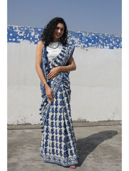 Moora - Indigo Paisley Dabu Hand Block Print Mulmul Cotton Bagru Saree with Unstitched Blouse