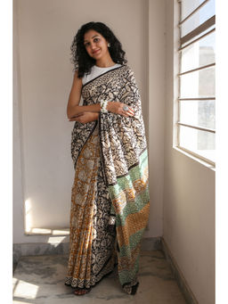 Moora - Spring Garden Dabu Hand Block Print Mulmul Cotton Bagru Saree with Unstitched Blouse