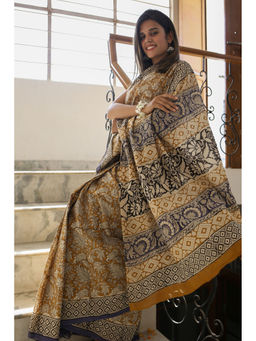 Moora - Mustard Fields Dabu Hand Block Print Mulmul Cotton Bagru Saree with Unstitched Blouse