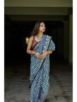 Moora - Merry Go Round Hand Block Print Mulmul Cotton Bagru Saree with Unstitched Blouse