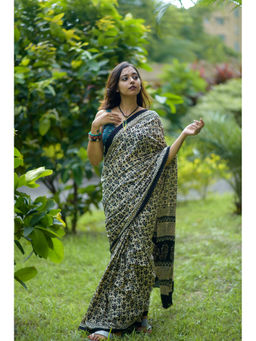 Moora - Desert Storm Hand Block Print Mulmul Cotton Bagru Saree with Unstitched Blouse