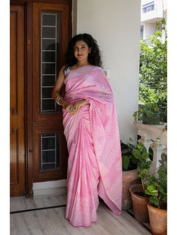 Moora - Pink Peony Hand Block Print Mulmul Cotton Bagru Saree with Unstitched Blouse