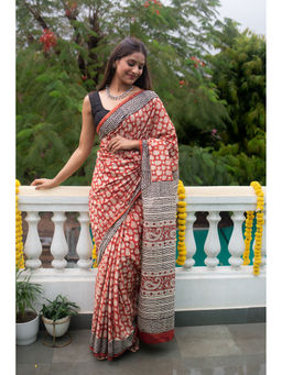 Moora - Paisley Dawn Hand Block Print Mulmul Cotton Bagru Saree with Unstitched Blouse