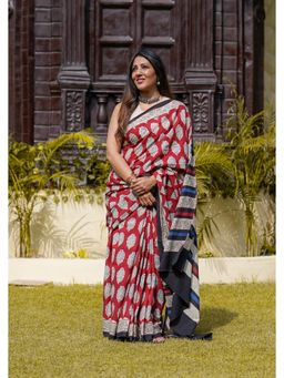 Moora - Earthy Red Hand Block Print Mulmul Cotton Bagru Saree with Unstitched Blouse