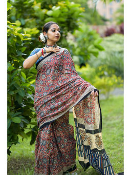 Moora - Rosy Affair Hand Block Print Mulmul Cotton Saree with Unstitched Blouse