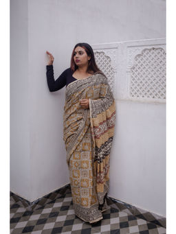 Moora - Time Travel Hand Block Print Mulmul Cotton Bagru Saree with Unstitched Blouse