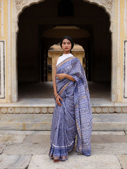 Moora - Cornflower Blue Hand Block Print Maheshwari Silk Saree with Unstitched Blouse