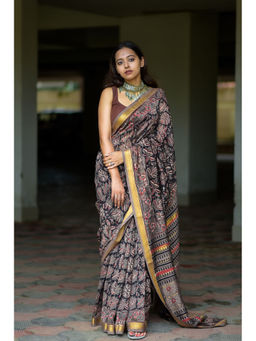 Moora - Midnight Noir Hand Block Print Maheshwari Silk Saree with Unstitched Blouse