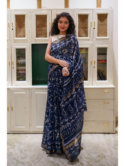 Moora - Navy Blue Foliage Hand Block Print Maheshwari Silk Bagru Saree with Unstitched Blouse