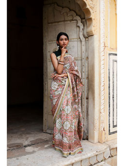 Moora - Garden Of Symphony Hand Block Print Maheshwari Silk Saree with Unstitched Blouse