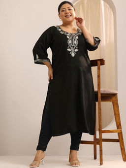 Extra love by Libas - Woman Plus Size Black Embroidered Yoke Design Straight Kurta