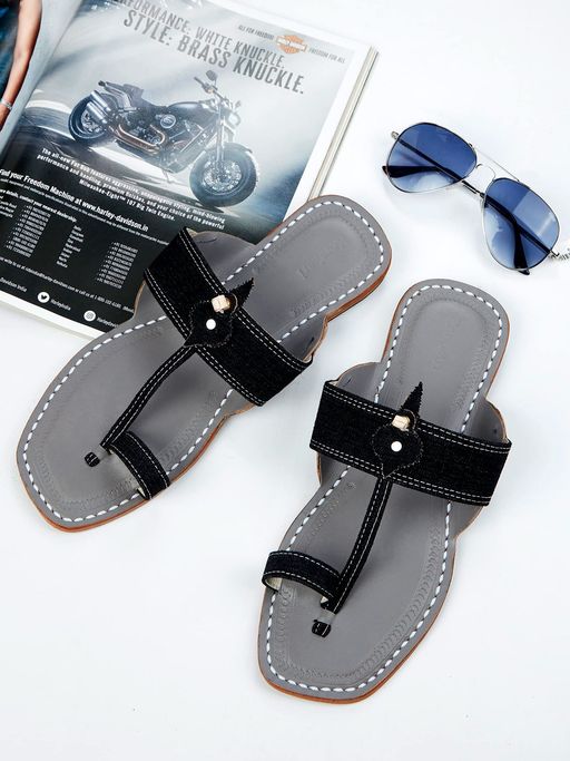 Korakari Men Modern Black Denim Kolhapuri Chappal