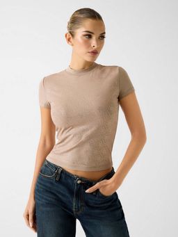 Guess - Women Beige Cotton Embellished/Sequined T-Shirt