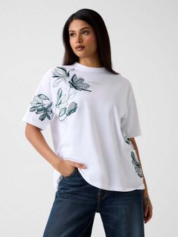 Guess - Women White Pure Cotton Floral T-Shirt