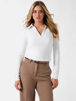 Guess - Women White Viscose Rayon Textured Polo T-Shirt