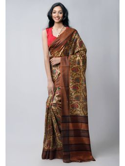 Unnati Silks - Beige Kalamkari Silk Saree with Unstitched Blouse