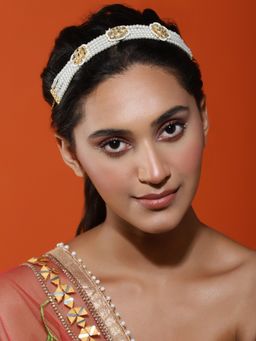 Ruby Raang Studio - Gold Plated Kundan Headband with Pearls