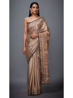 RI.Ritu Kumar - Beige and Burg Floral/Tropical Saree With Unstitched Blouse
