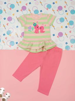 Mee Mee - Green & Pink Striped Bunny Print Baby Peplum Dress Top With Leggings