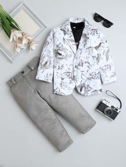 FOURFOLDS - Boys Grey Printed Blazer and T-Shirt with Trouser (Set of 3)