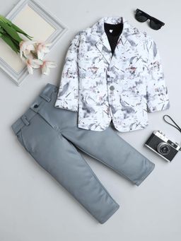 FOURFOLDS - Boys Blue Printed Blazer and T-Shirt with Trouser (Set of 3)