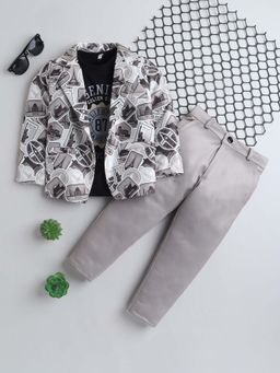 FOURFOLDS - Boys Grey Printed Blazer and T-Shirt with Trouser (Set of 3)