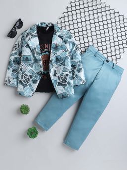 FOURFOLDS - Boys Turquoise Printed Blazer and T-Shirt with Trouser (Set of 3)